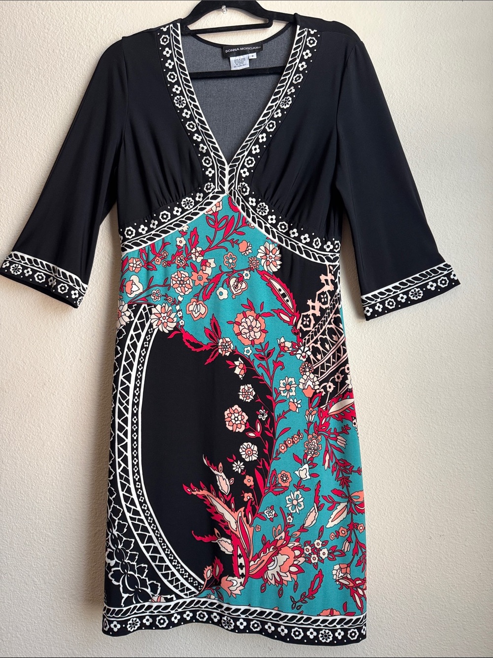 Donna Morgan Black V-Neck Dress with Turquoise & Pink Floral Print
